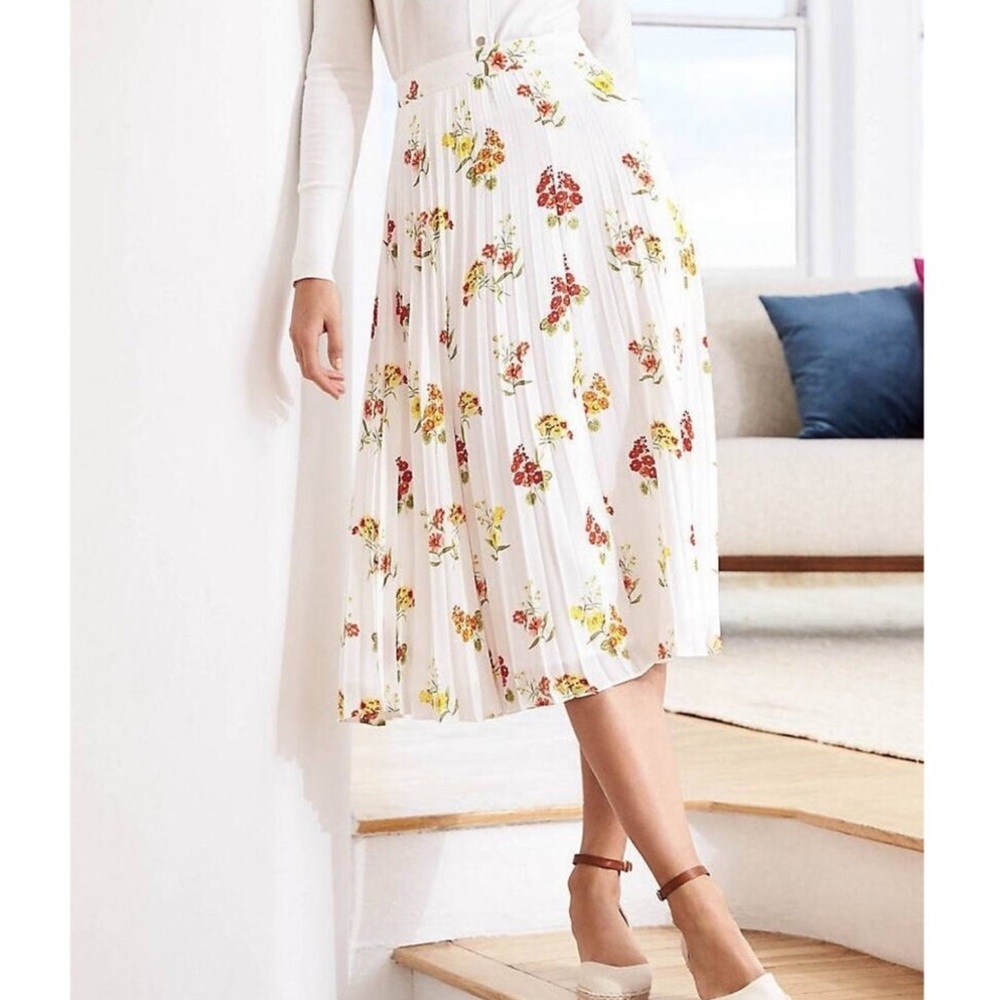 Loft white floral pleated midi skirt